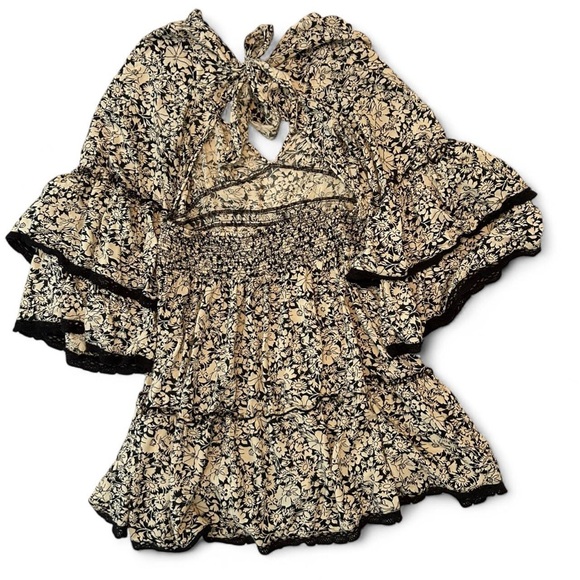 Free People Kristall black and cream tiered tie back mini dress- Size Large - Picture 3 of 6